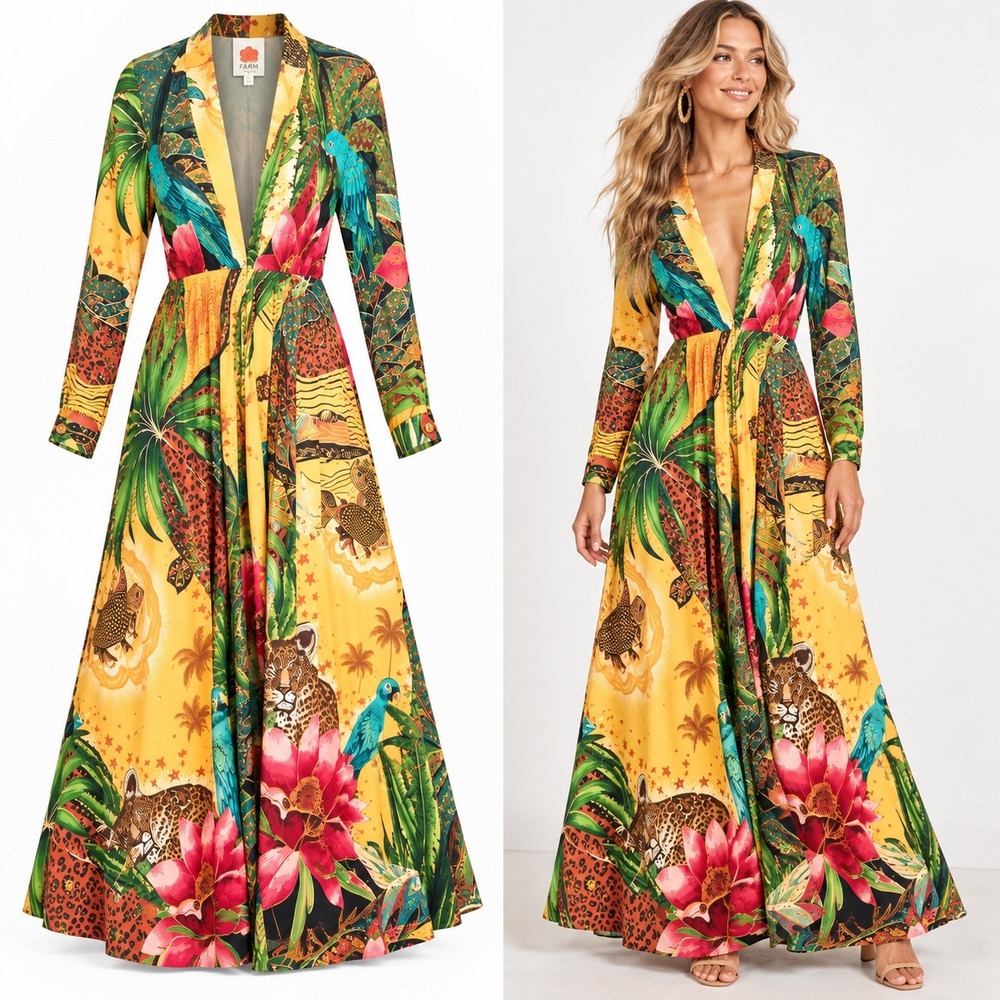 FARM Rio Maxi Dress SZ M Tropical Leopard Parrot Fauna Caftan 100% Viscose